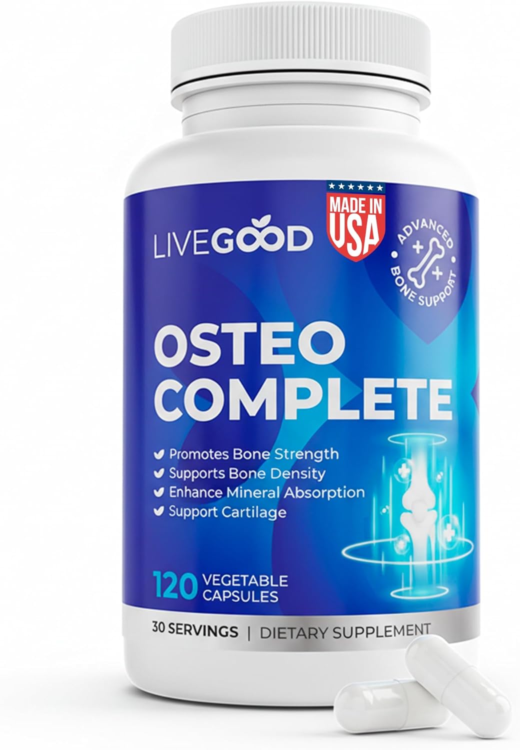 LiveGood Osteo Complete Bone and Joint Support with Highly Absorbable Calcium, Glucosamine, Eggshell Membrane, Boron and Silica for Bone Density, Flexibility and Mobility (90 Capsules)