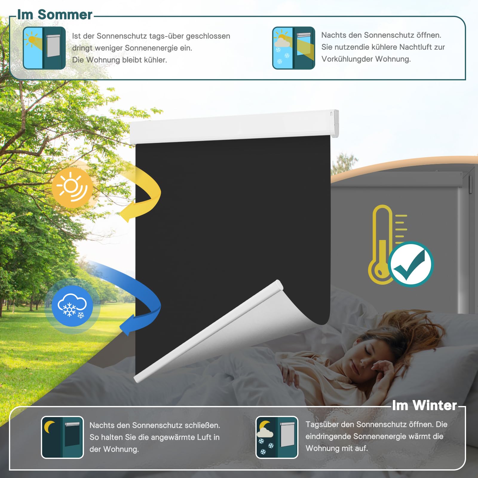 DENFOON Solar Elektrische Rollos Innen,Thermorollo Klemmfix ohne Bohren & mit Bohren,Verdunklungsrollo mit Fernbedienung Wiederaufladbar Akku Rohrmotor Rollo für Fenster Schwarz,90x170cm(B x L)