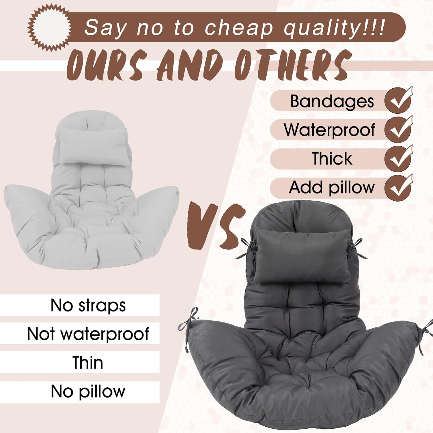 Condition photo showing New/Like New for tudomro egg chair cushion filling 2.58 kg replacement rocking wicker chair cushions high back swing hammock egg hanging cushion thicken for indoor outdoor patio(dark gray,2 pcs) 2 dark gray