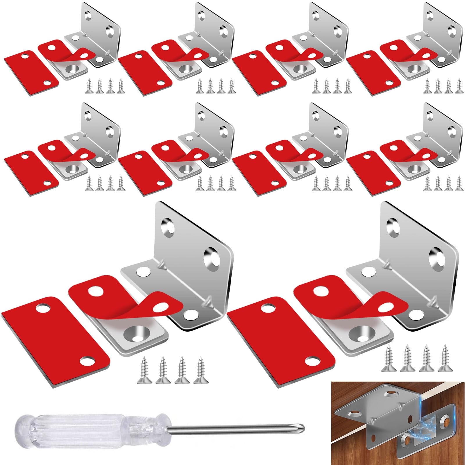 10 Stück Magnetschnäpper, Silbrig Türmagnet, Magnete für Schranktüren L-Shape mit Schraubendreher Stark Selbstklebend für Schubladen, Kleiderschrank, Schranktür, Schiebetür