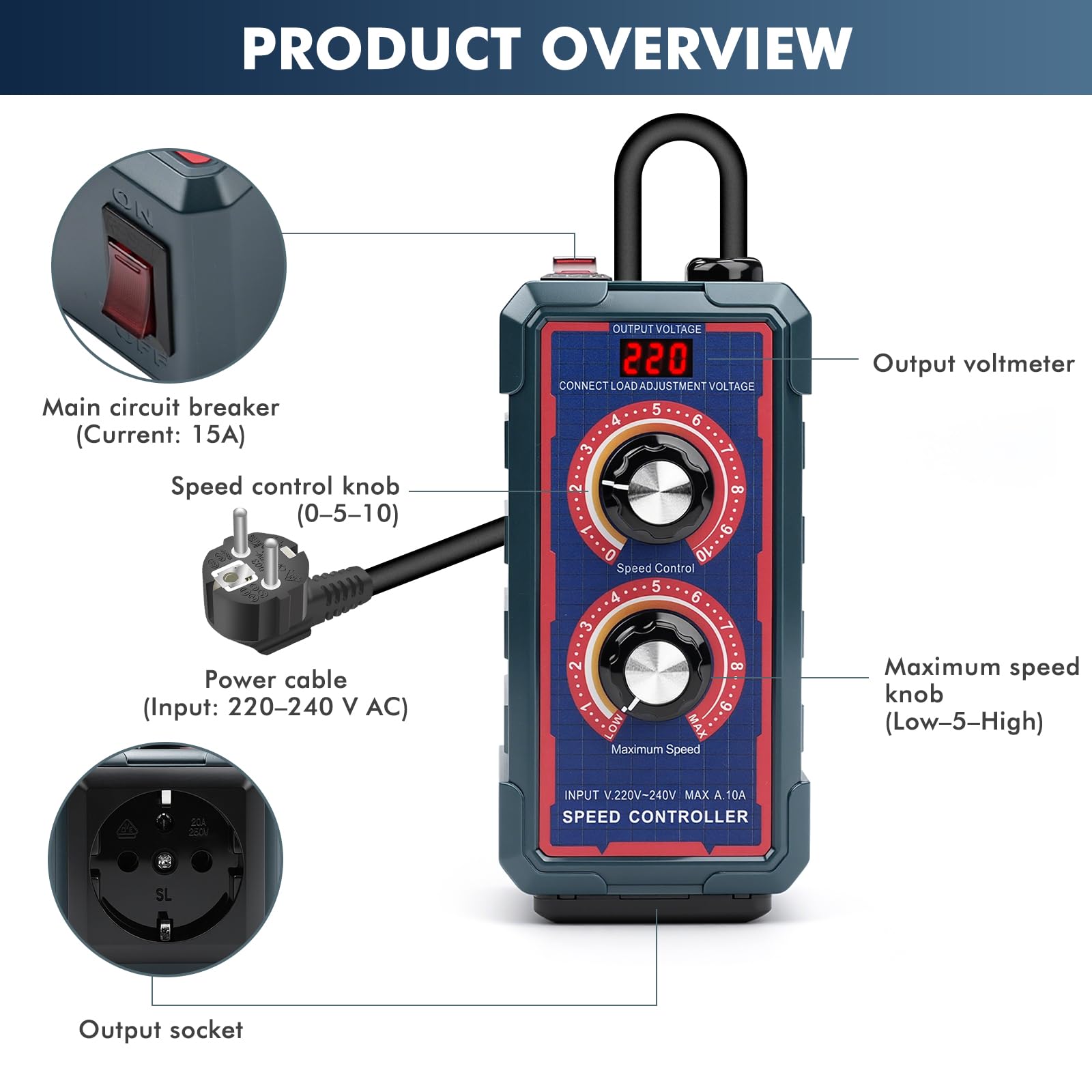 Regulador de Voltaje, Regulador de Velocidad Motor 220V 10A 2000W Controlador Velocidad Continuo con Dos Perillas Ajustable para Amoladoras angulares/Sopladoras/Taladros de mano/Ventilador extractor