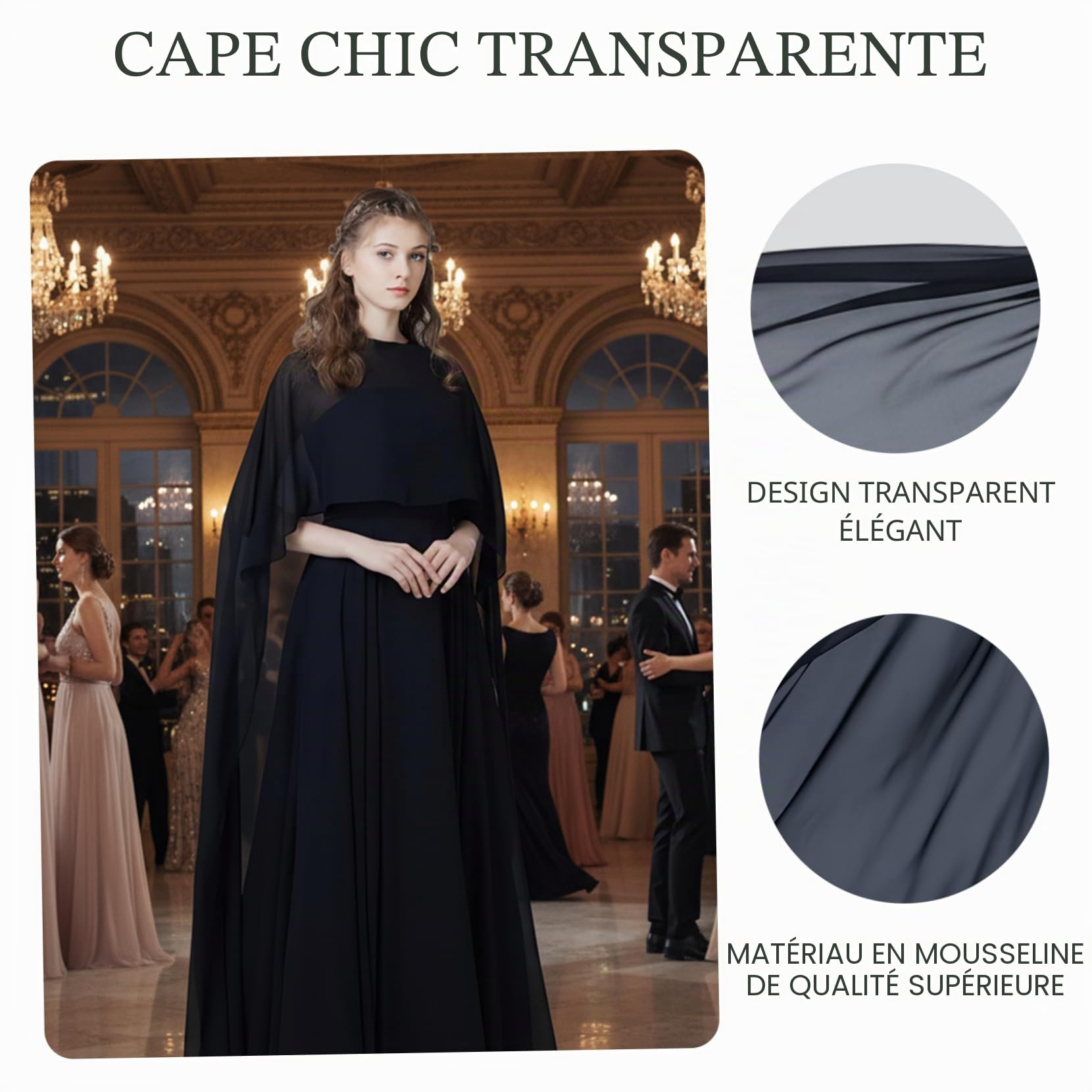 Cape en mousseline de soie pure pour femmes 59 pouces, châle de mariée élégant pour les mariages et les soirées, châle poncho