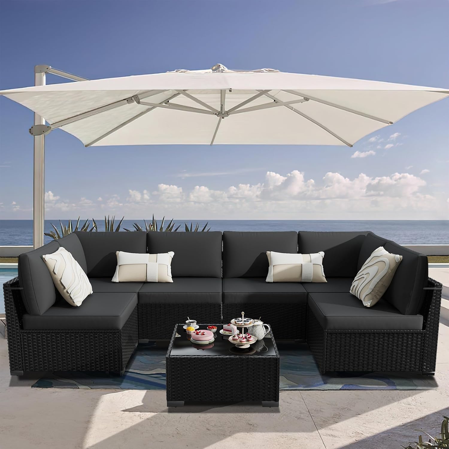 KIGOTY 7-Piece Patio Furniture Set, All-Weather PE Rattan Outdoor Sectional Sofa, Modular Wicker Conversation Set with Thick Washable & Easy-Clean Coffee Table（Black/Black-X）