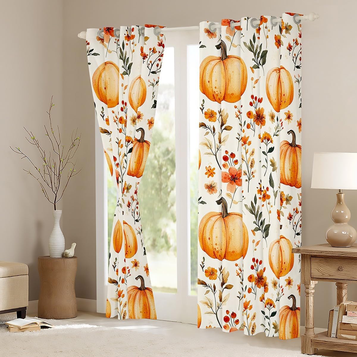 Pumpkin Leaves Window Curtains Teens Adult Women,Farmhouse Curtain for Bedroom,Happy Fall Draperies for Living Room,Plants Window Treatment Drapes Set of 2 Panels,42Wx84L
