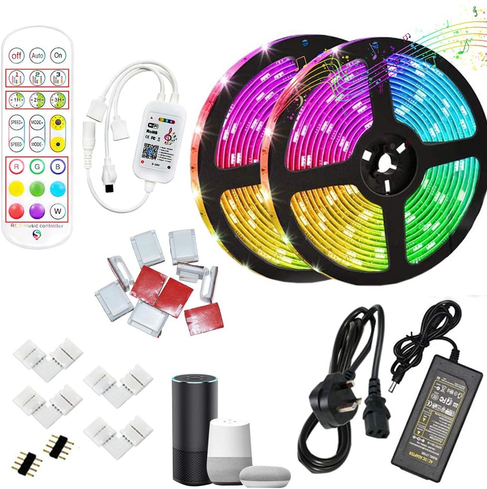 ZPT Electronics® Wifi Smart led strip with music sync 10 meter led strip, 5050 RGB LED Strip IP65 Waterproof, compatible with Alexa and google home with L shape connectors for TV corner