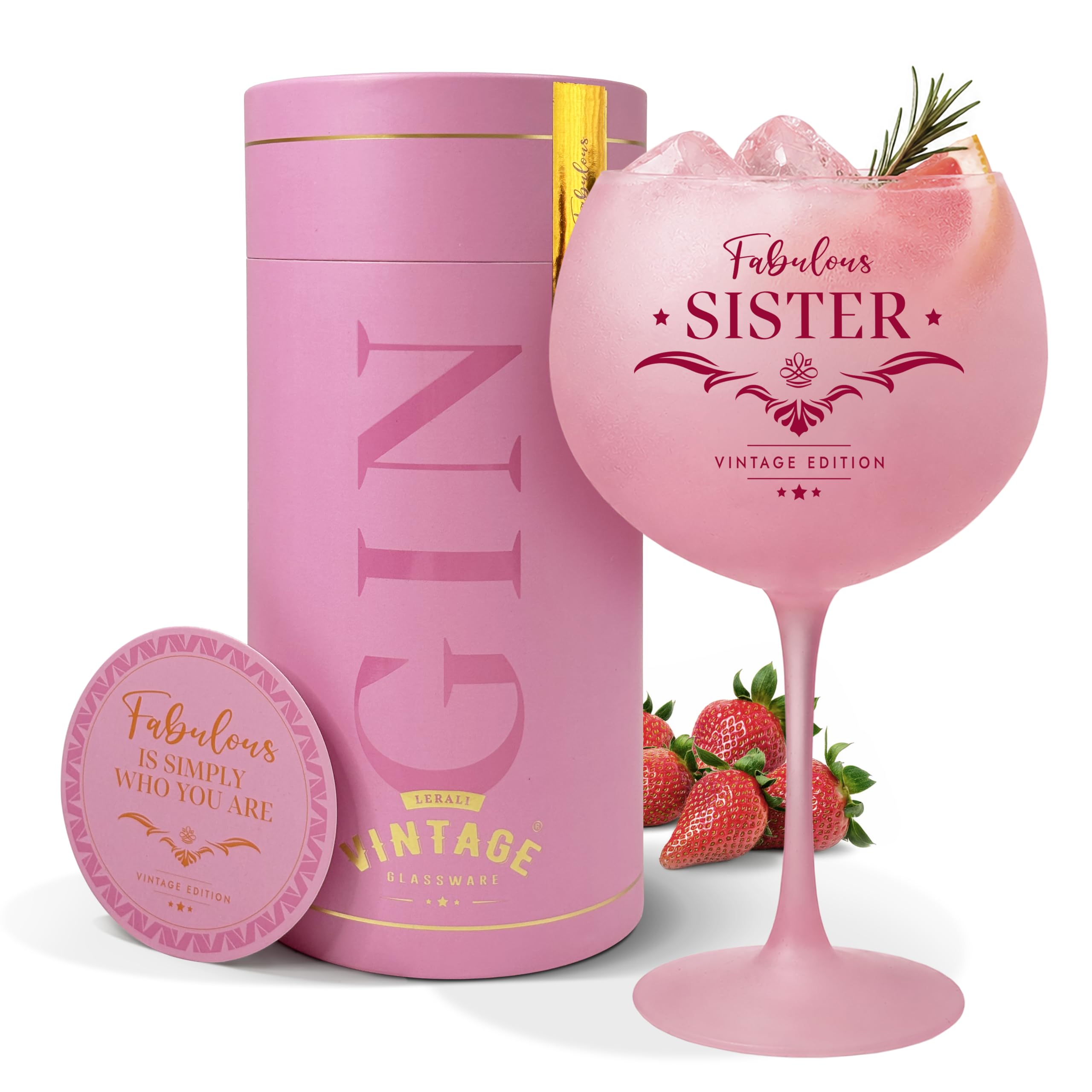 LERALI Fabulous Sister Vintage Edition Pink Frosted Gin Glass Gift – Luxury 700ml Balloon Glass with Gift Box & Velvet Bag | Birthday, Christmas & Thank You Gift for Sister