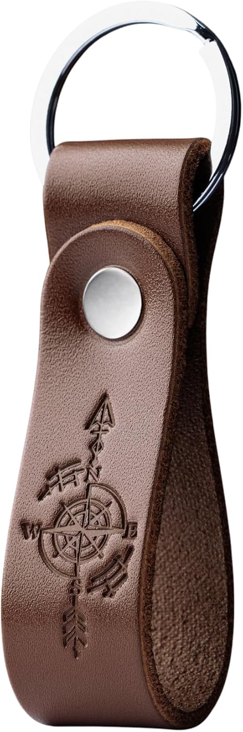MAGOR Leather Keychain Personalized Full Grain Car Keychain Key Ring Gift for Men Women Dad Mom Minimalist Brown Embossed