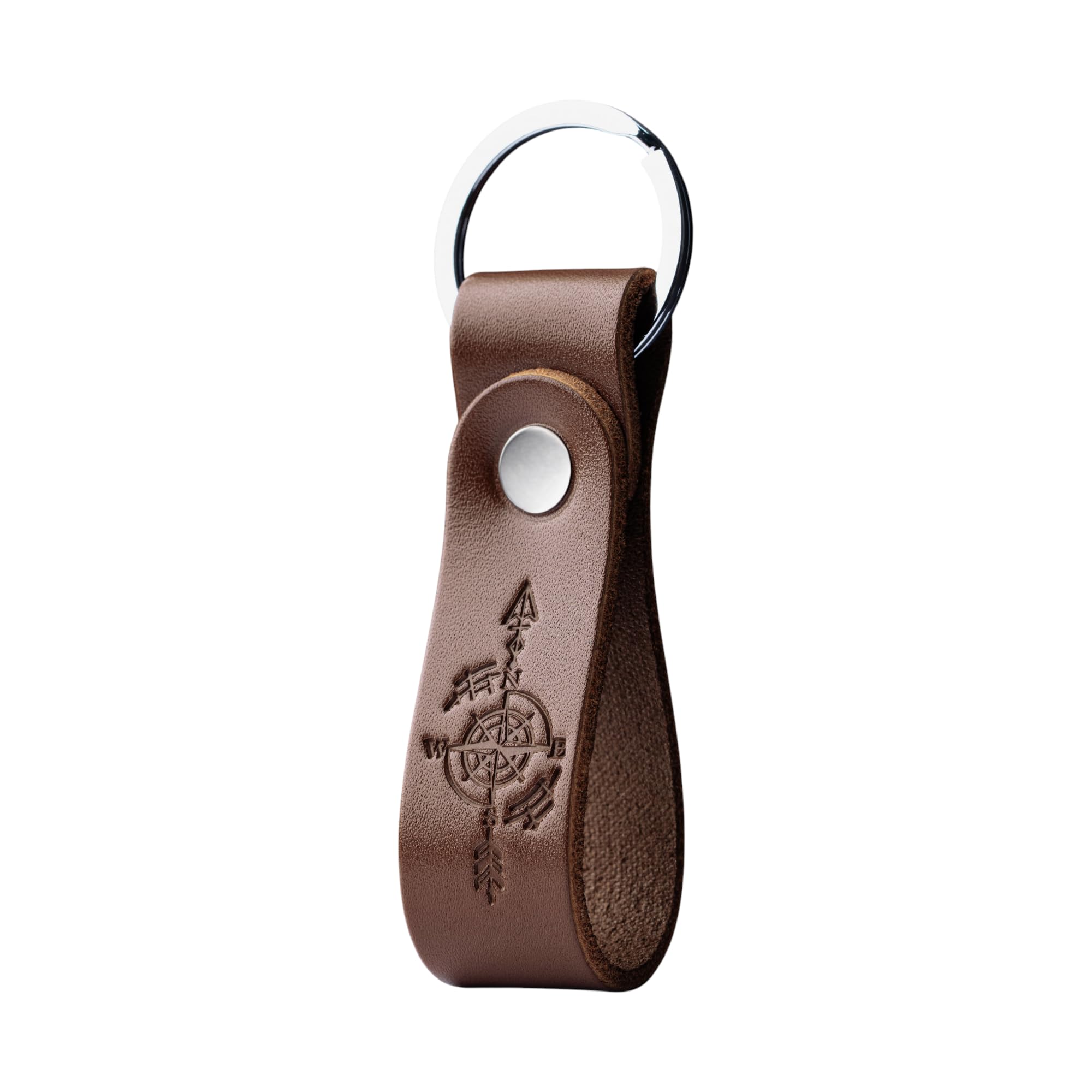 MAGOR Leather Keyring for Men & Women, Personalised Brown Keychain with Hot Embossed Design, Leather Key Ring Gift for Him Her Mum Dad, Premium Accessory for Car or Home Keys (Compass)