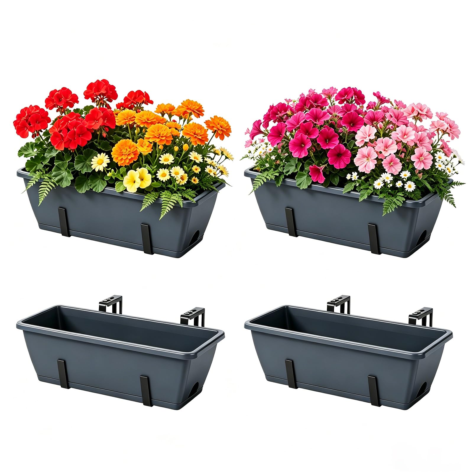 Jardinières murales antichute pour balcon et clôture lot de 4 bacs gris avec crochets