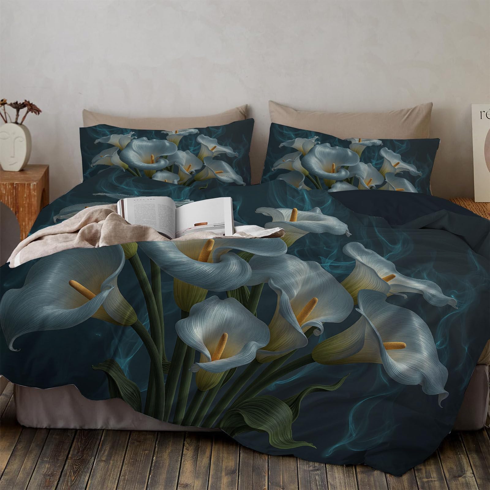 Housses de couette lys calla fumé 140x200 parure de lit imprimé plantes 3D blanche en microfibre