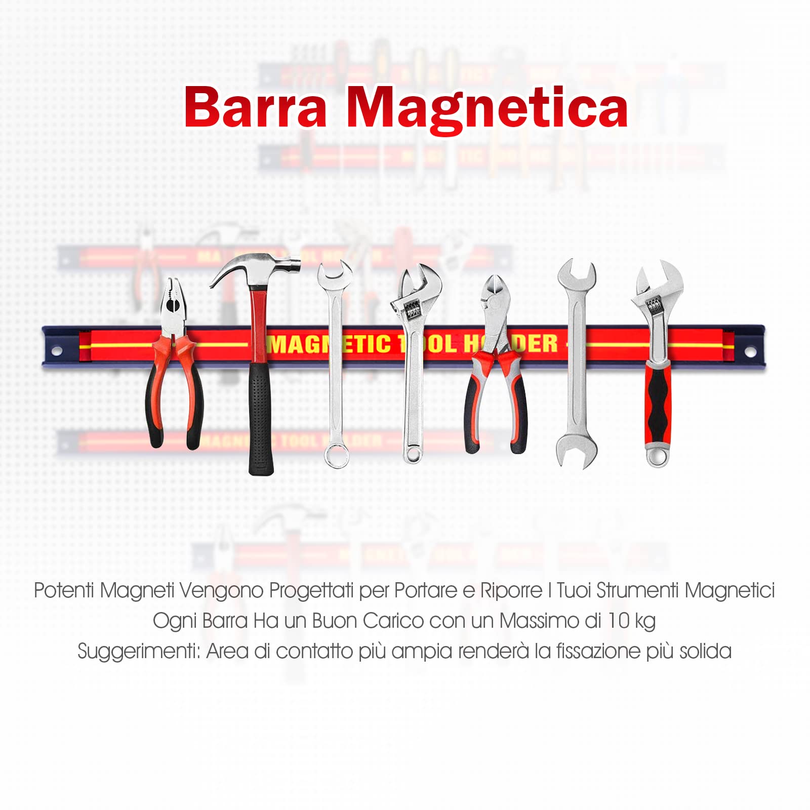 GYMAX Set 6pz Barra Magnetica Portautensili di 46 cm, Rastrelliere da Muro, Scaffale Organizzatore per Atrezzi, Portata di 6x10 kg, Accessori per Meccanico Garage Officina, Rosso
