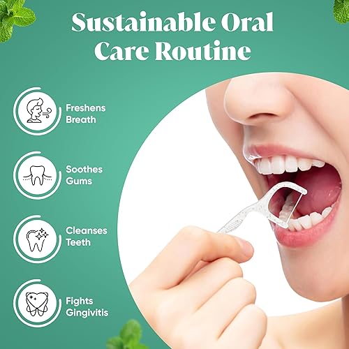 Miniatura 3 de Calmint Hilo dental ecológico  Menta (100 unidades)  Púas de hilo dental sostenibles  Mango natural sin plástico con hilo fino para adultos y niños