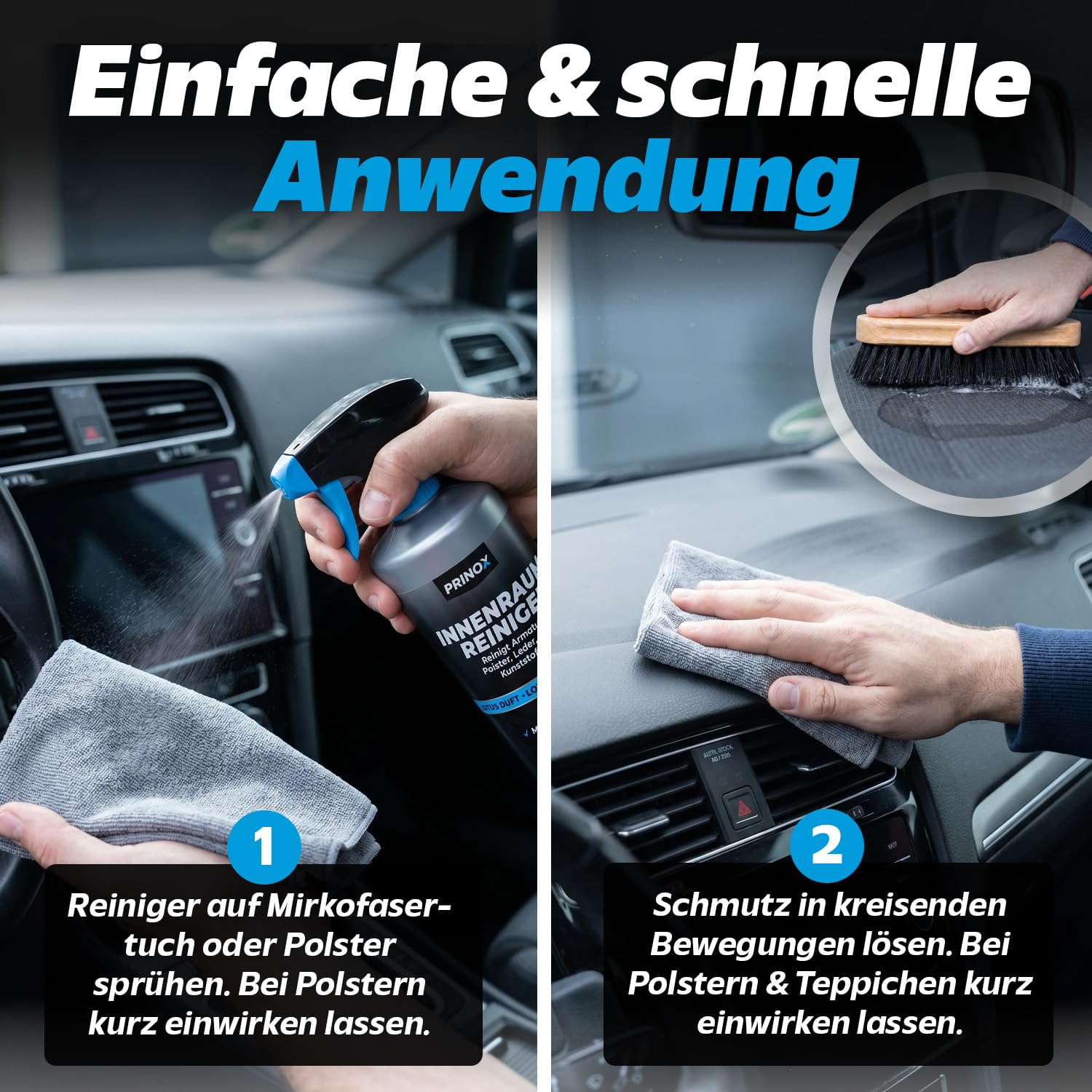 PRINOX Profi Auto Innenraum Reiniger Set 550ml - Cockpitpflege für die Innen Reinigung von Kunststoff, Polster, Leder & Armaturen - Autopflege Innenraumreiniger mit Bürste