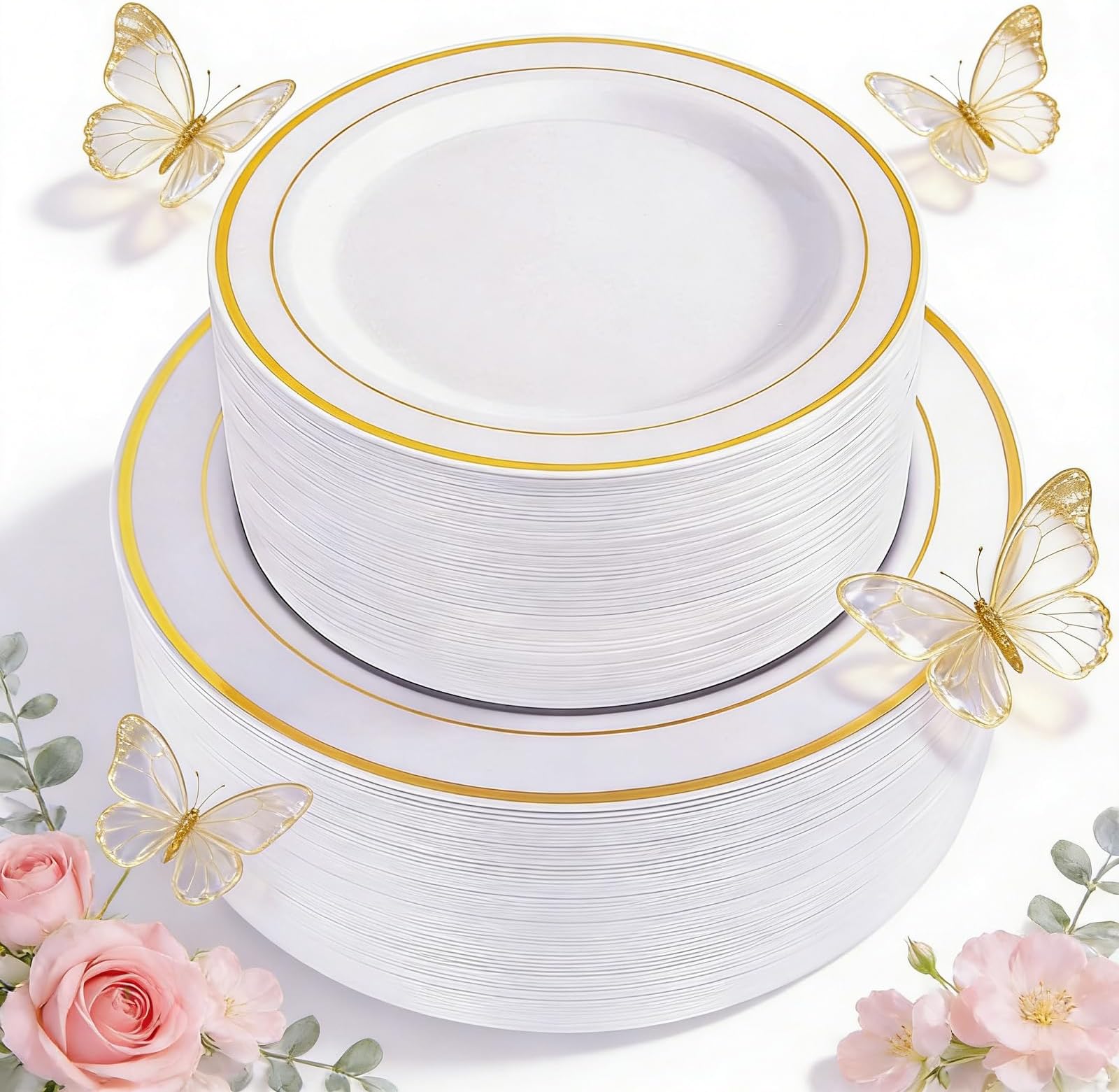 120 pieces Gold Disposable Plastic Plates - White and Gold Plates Include 10.25" Dinner Plate & 7.5" Salad Plate for Mother's Day Party Baby Shower Wedding Spring
