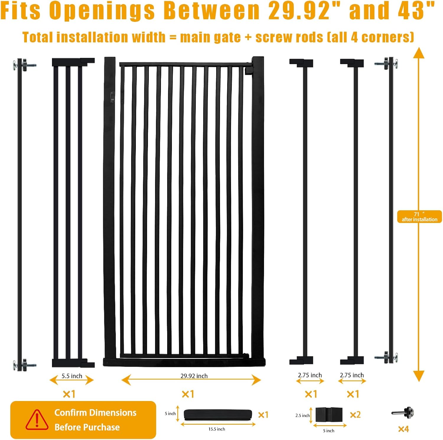 71 inch Extra Tall Pet Gate, Extra Wide 29.92"- 43" Adjustable Dog Gates, Pressure Mounted Walk Through Swing Safety Tall Cat Gate for Doorways, Stairs, Kitchen(Black)