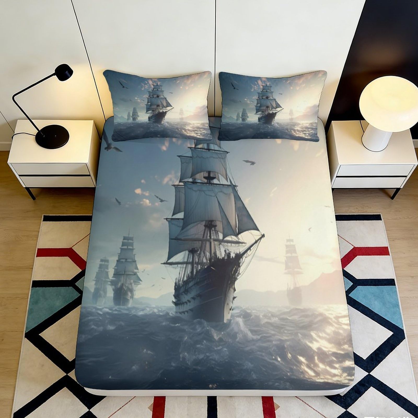3D Printed Ocean Sailing Ship Fitted Sheet Microfiber Soft Mattress Cover for Bedroom Guest Room Decor Protection 90x200x25cm