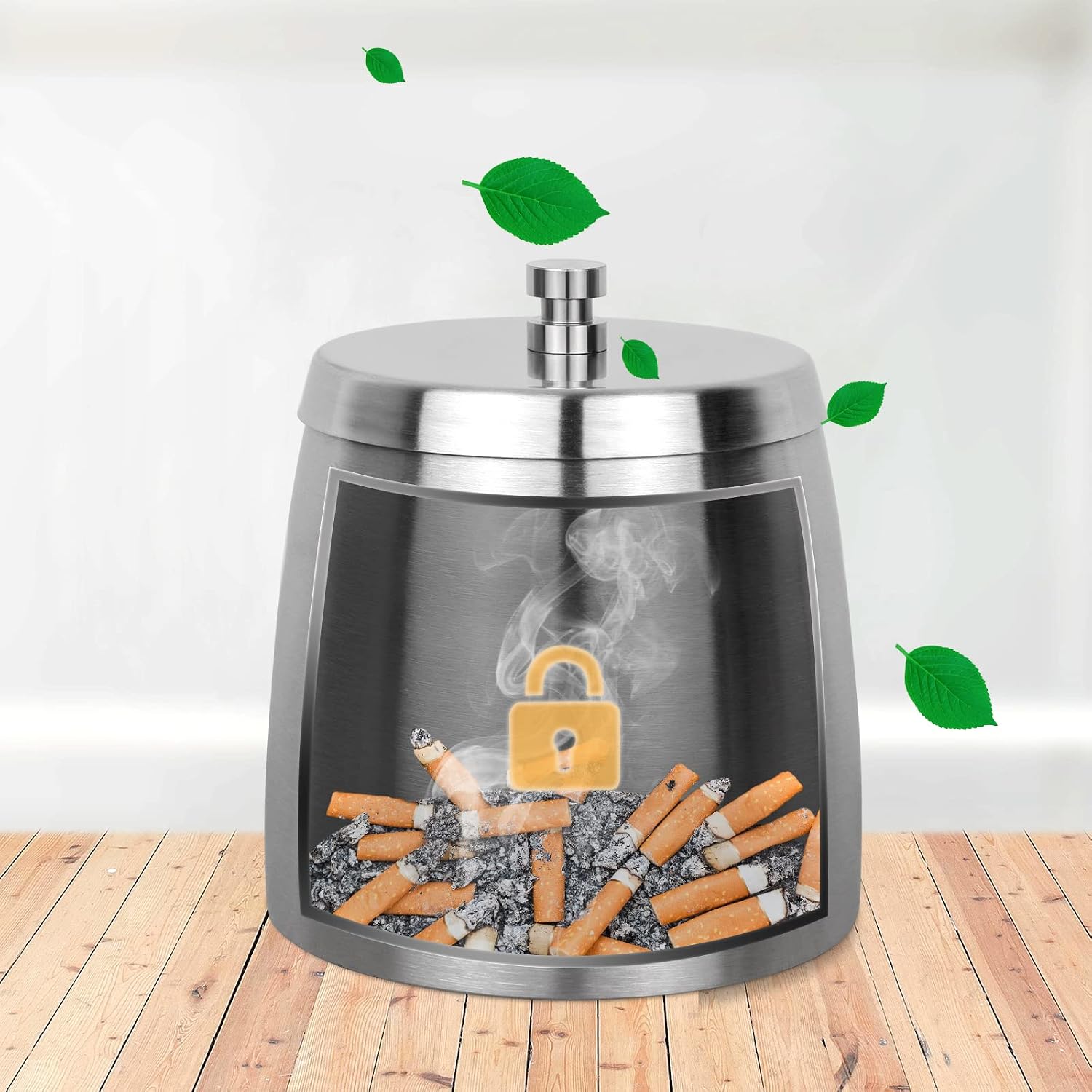 Ash tray Outdoors,Smokeless Ashtray with Lid for Cigarettes Indoors,Large Ashtrays Windproof/Rainproof,Stainless Steel Cover Ashtray for Patio Outside Home Table Decor image 3