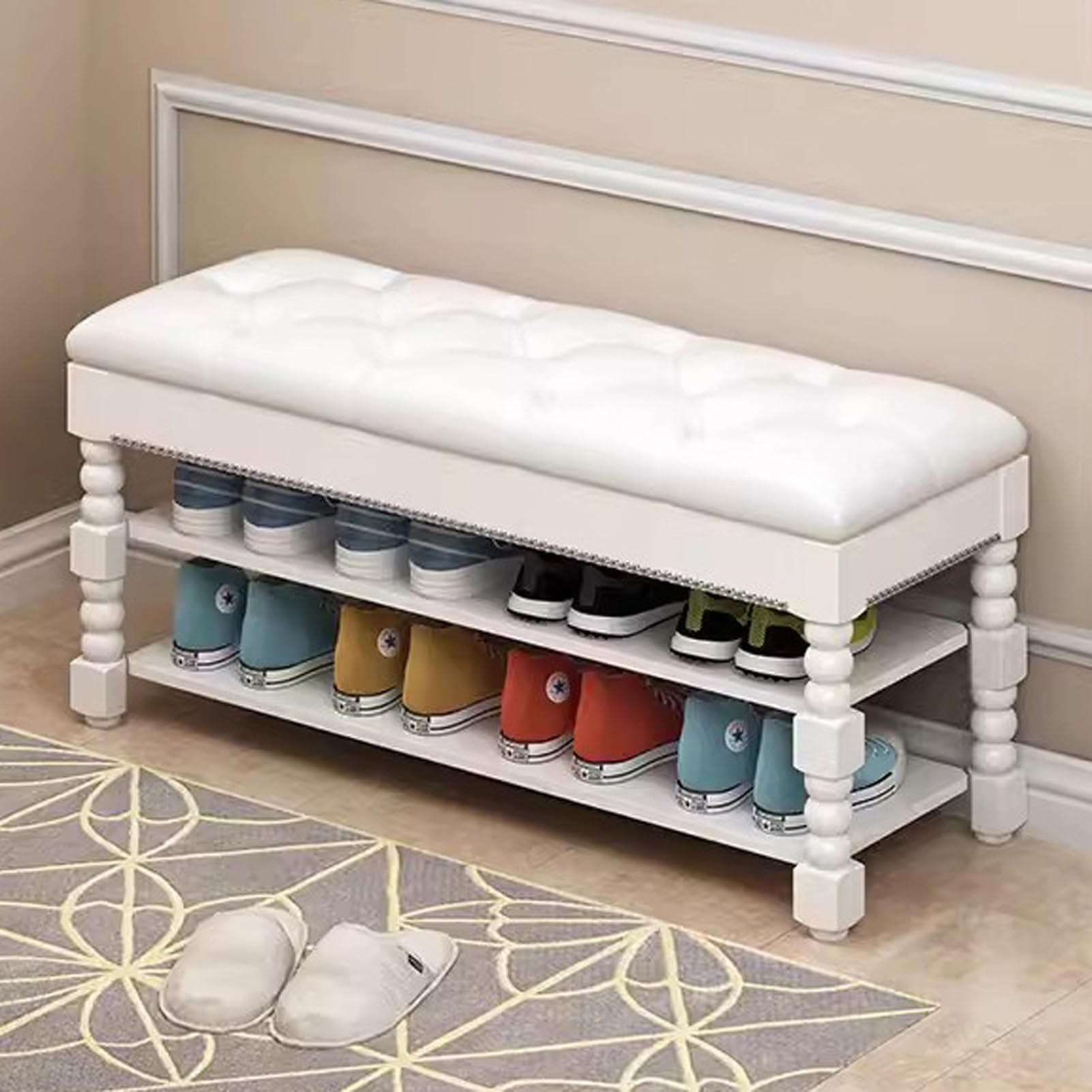 Banc à chaussures rembourré faux cuir avec étagère de rangement robuste