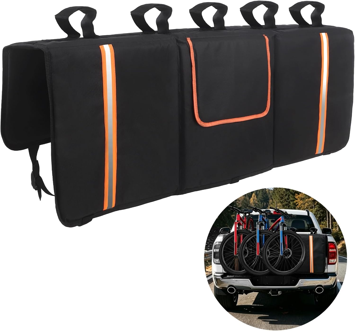 Tailgate Bike Pad,Truck Bike Tailgate Pad for Mountain Bike,5-Bike Capacity, Reflective Stripes, Thick Lining, Multiple Tool Pockets, Universal Fit Extended Straps, 53.1 x 32.7 in Truck Bed Protector