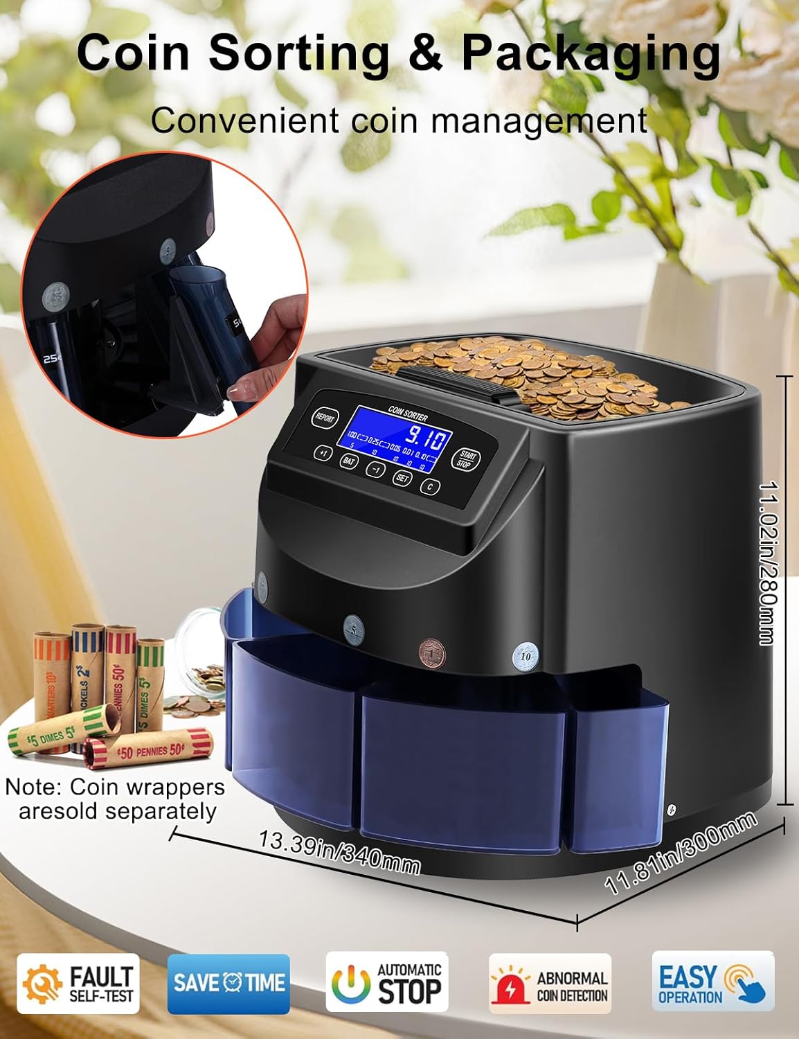 Coin Counter and USD Coin Sorter with LCD Display, 300-Coin Capacity, Automatic Change Counter for 1￠ 5￠ 10￠ 25￠ $1, 270 Coins/min,Coin Sorter and Wrapper Machine for Fast & Accurate Sorting
