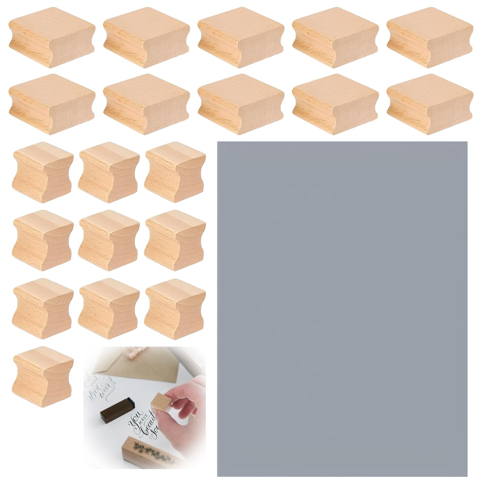 DIY-Stempel, 20 PCS Blanko-Stempelhalter aus Hartholz für Lasergravur, mit Grauem Stempelbogen Aus Gummi, 2cm /4cm
