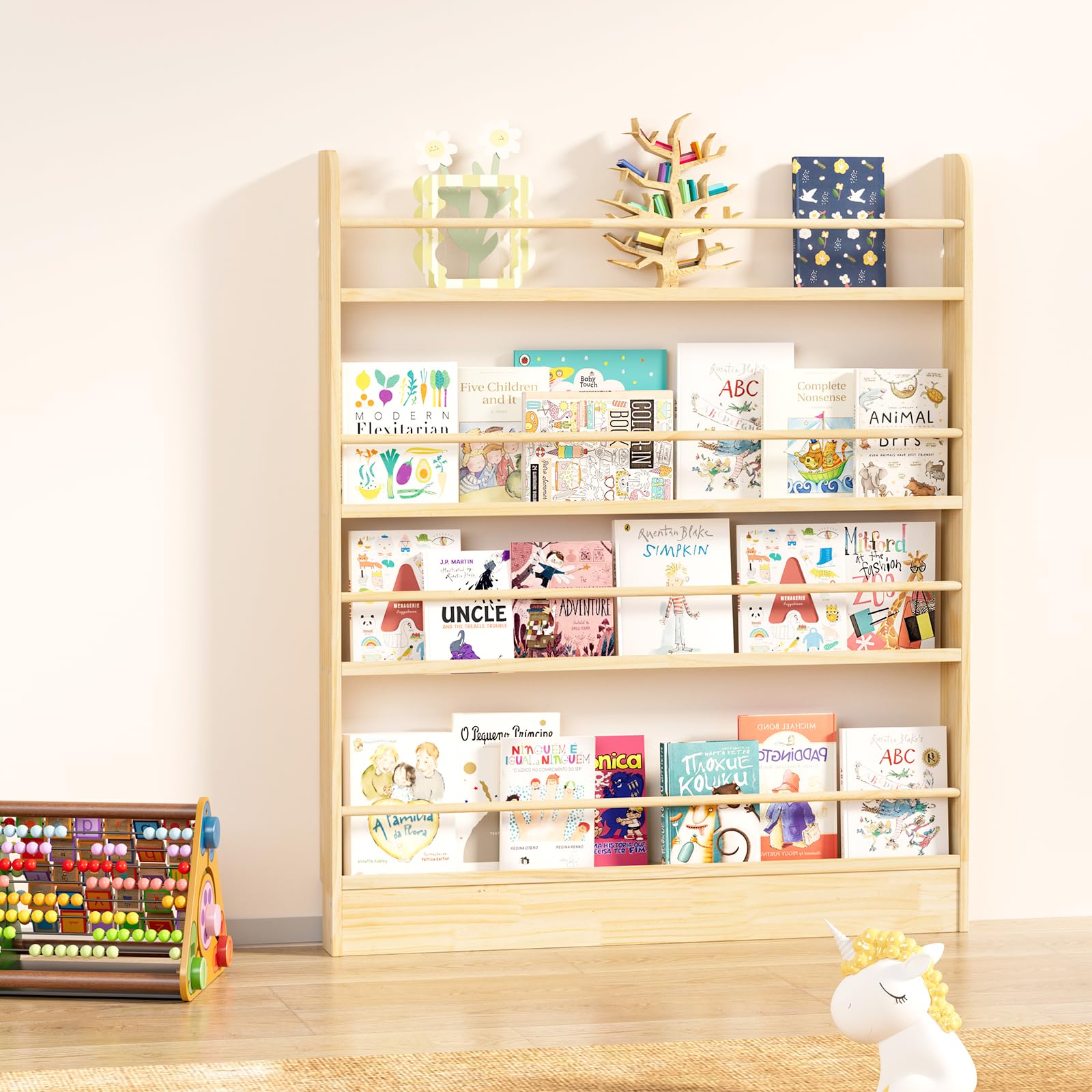 Estantería detrás de la puerta, estantería de madera de 4 niveles para niños para libros y almacenamiento de juguetes para adultos, ahorro de espacio en el dormitorio, sala de estar, sala de 8