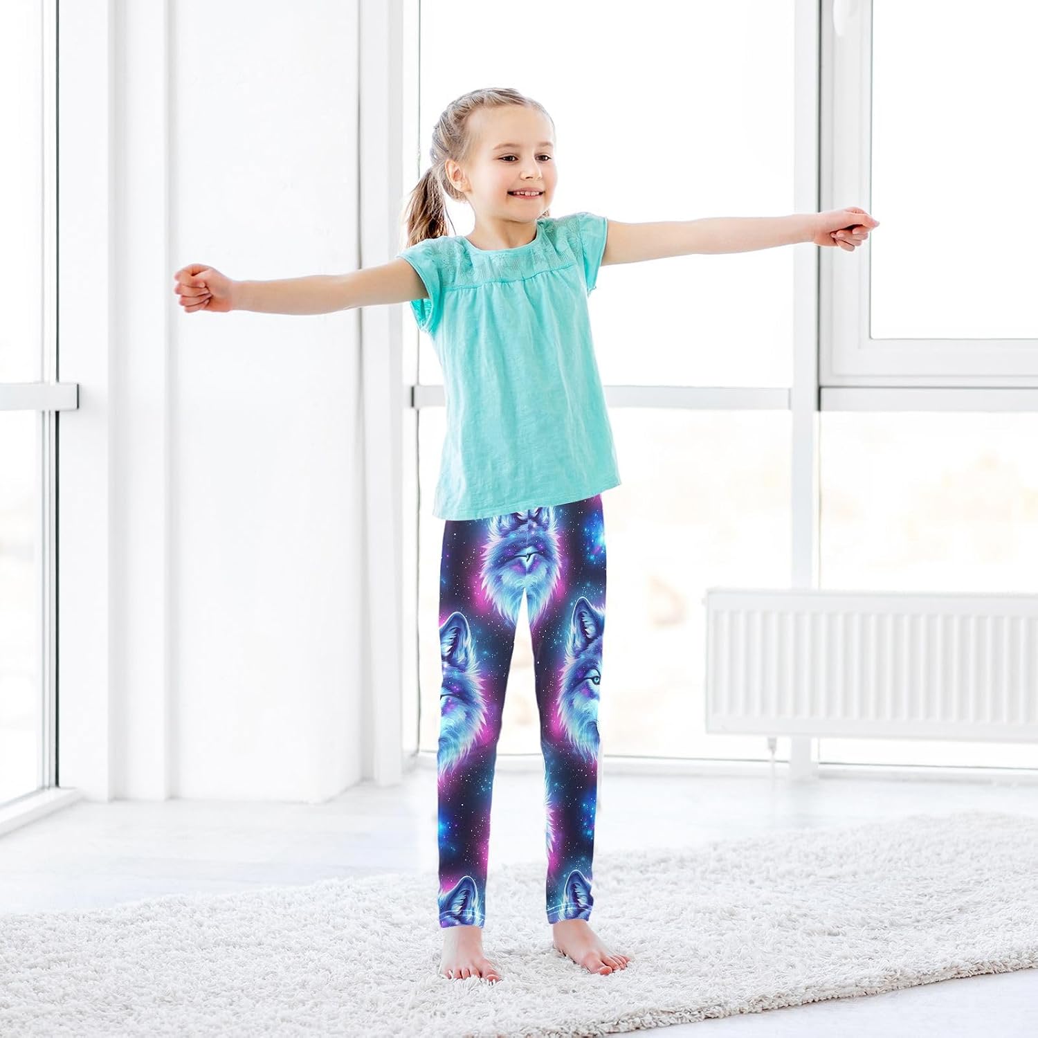 Girls Activewear Leggings Blue Galaxy Wolf