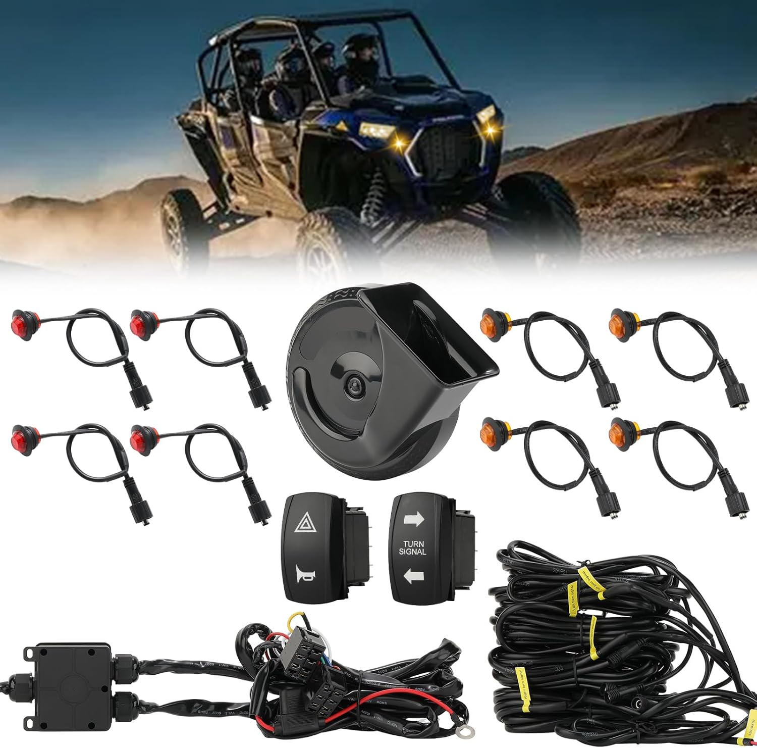 UTV Turn Signal Kit with 110DB Horn, Pre-Wired, Plug and Play ATV UTV Blinker with Rocker Switch, Universal Street Legal Kit Compatible with Polaris, Can Am, CFMOTO-4 Amber+4 Red Lights