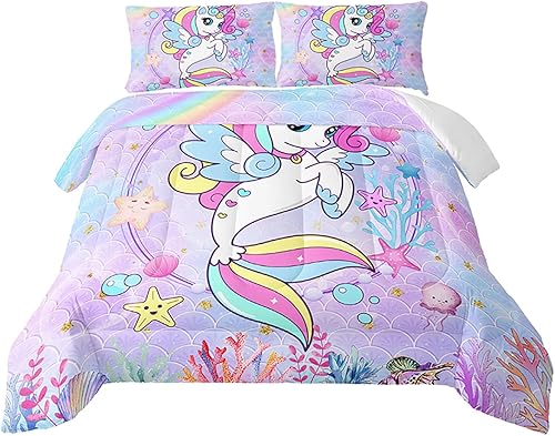 Edredón de unicornio de sirena, tamaño individual, juego de edredón de unicornio para niños, juego de ropa de cama de 3 piezas, edredón impreso con