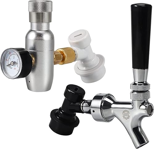 PERA Grifo de cargador de barril de CO2, grifo de barril con bloqueo de bola, desconexión de líquido, mini regulador de gas con bloqueo de bola y