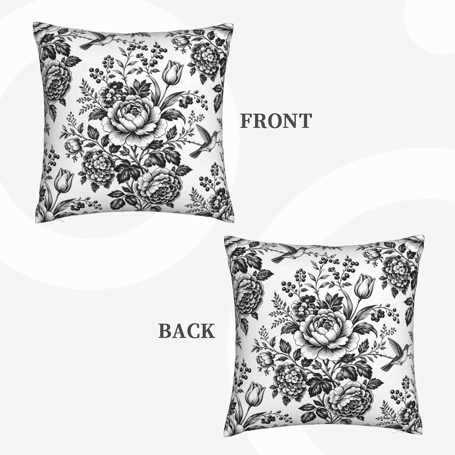 Black White Vintage Floral Throw Pillow Covers 18x18 Inches Set of 2 Farmhouse Square Cushion Cases image 2
