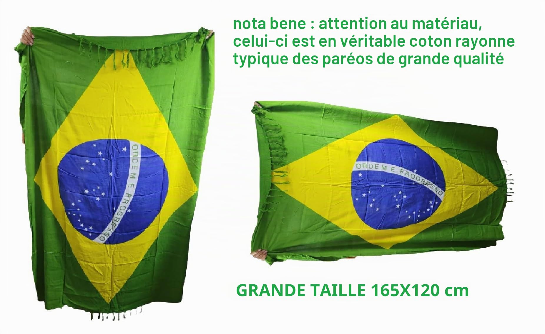 Pareo mer drapeau Brésil fleur en coton Rayon, 165 x 120 cm avec Frange + 1 amulette