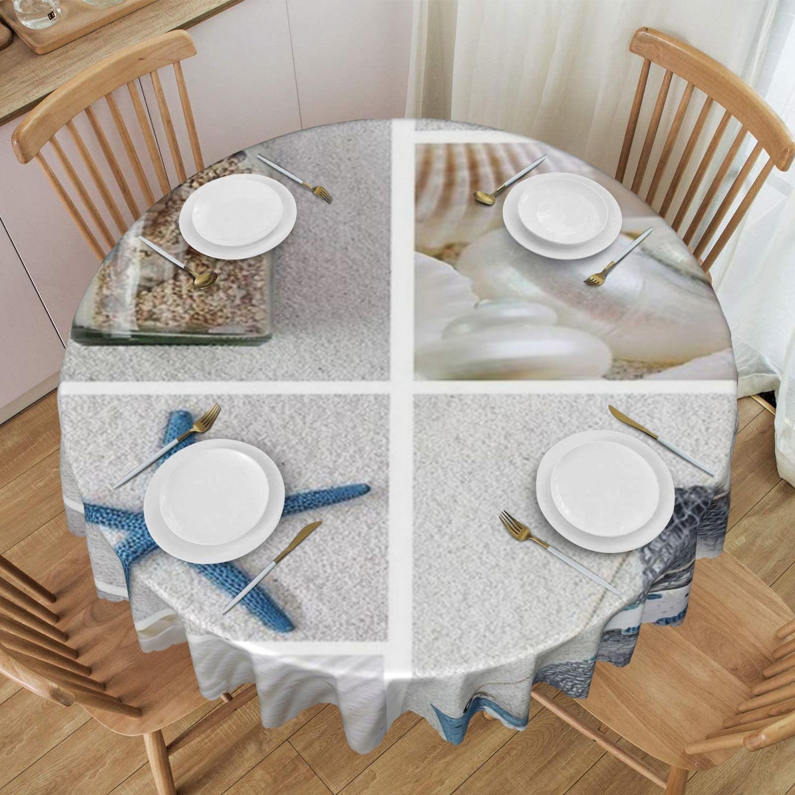 DCEHGEW 60 In Round Tablecloth with Lace, Bottle Seashell Printed Oilproof & Washable Fabric Picnic Table Cloth Table Covers