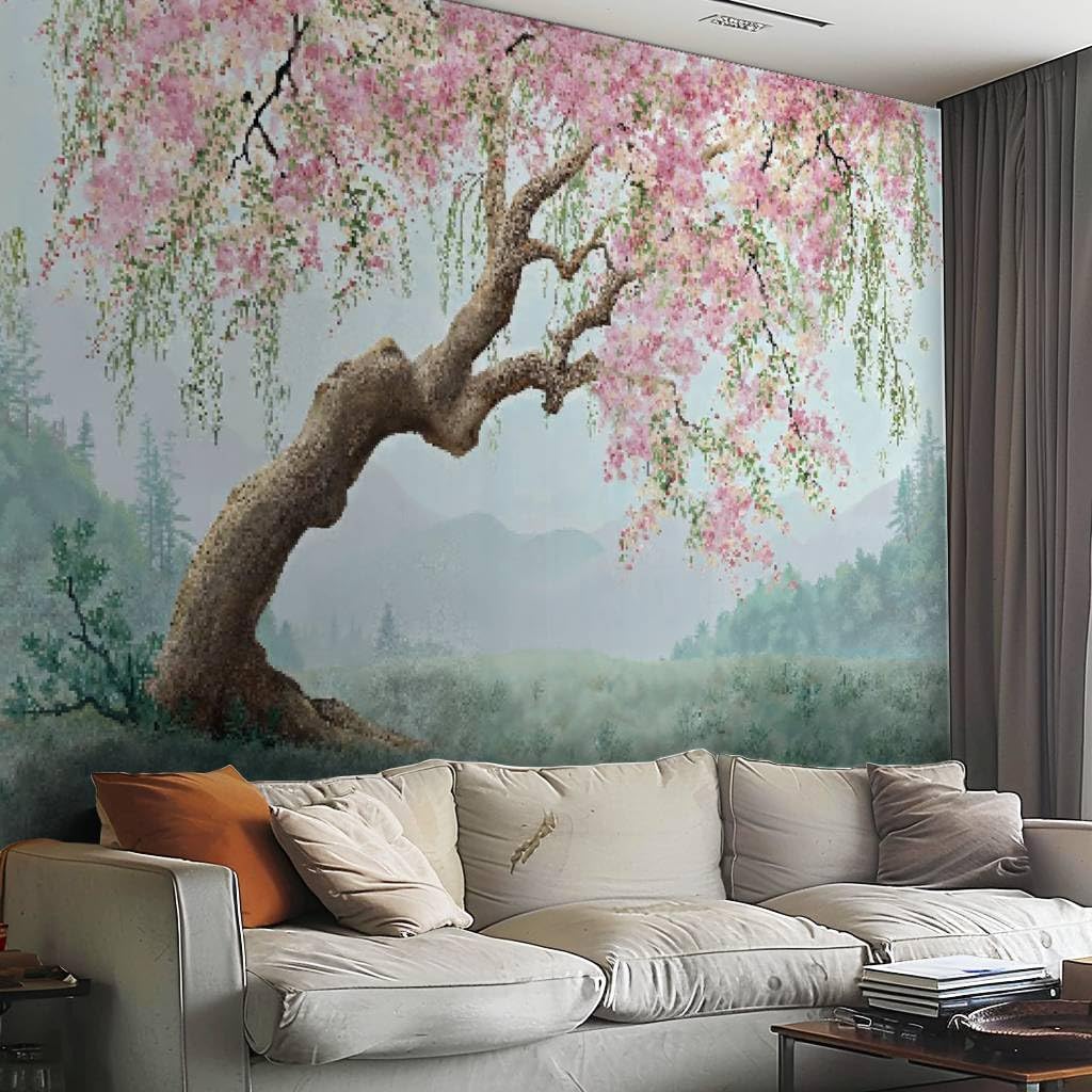 VGHUYEVOGERE Modern Wall Murals 3D Flowering Tree Branches for Interior Printing Mural Art Peel and Stick Wallpaper Removable Self-Adhesive PVC Stickers for Living Room Bedroom Wall Decor
