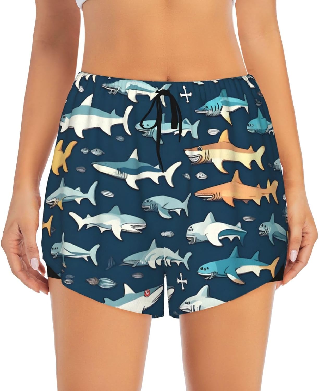 Sharks Nautical Print Women's Running Shorts High Waisted Athletic Shorts Quick Dry Gym Workout Shorts