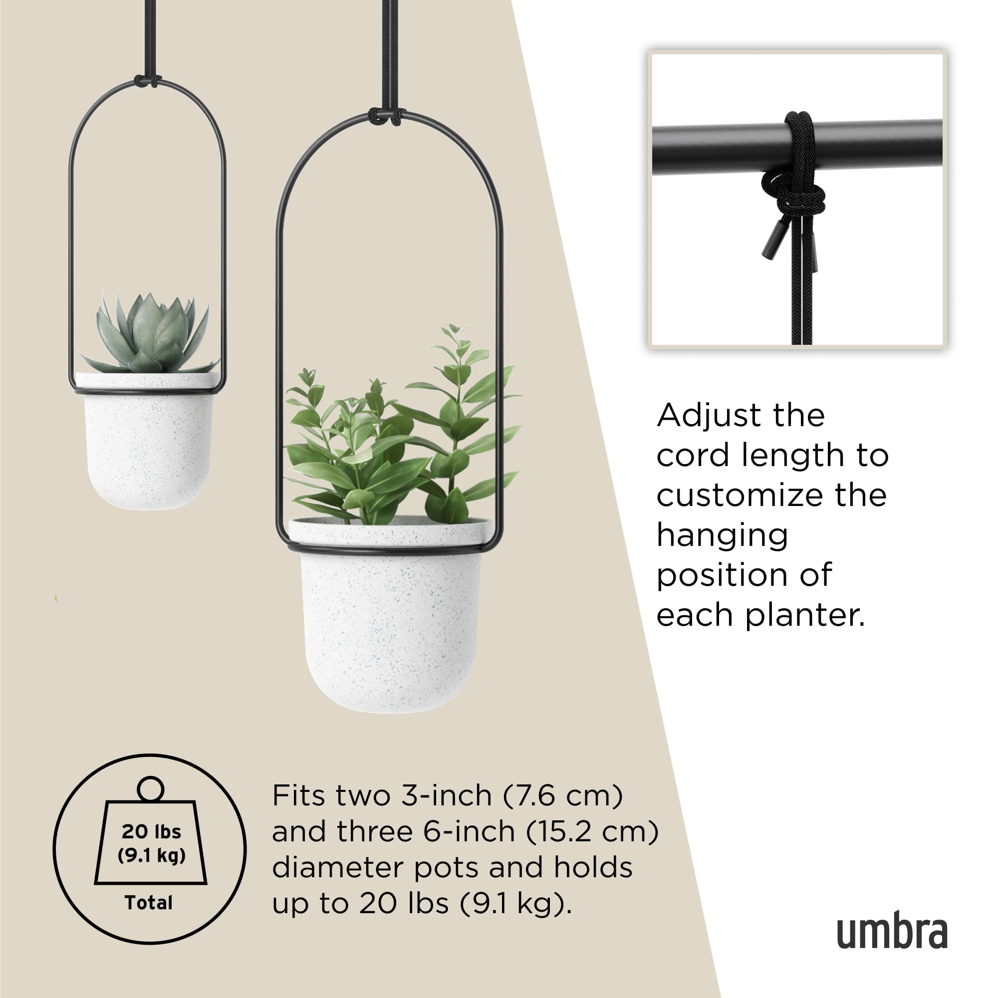 Umbra Triflora Ensemble de 5 Pots Suspendus, Ajustable Jardinière d'intérieure Suspendue avec Rails, Blanc