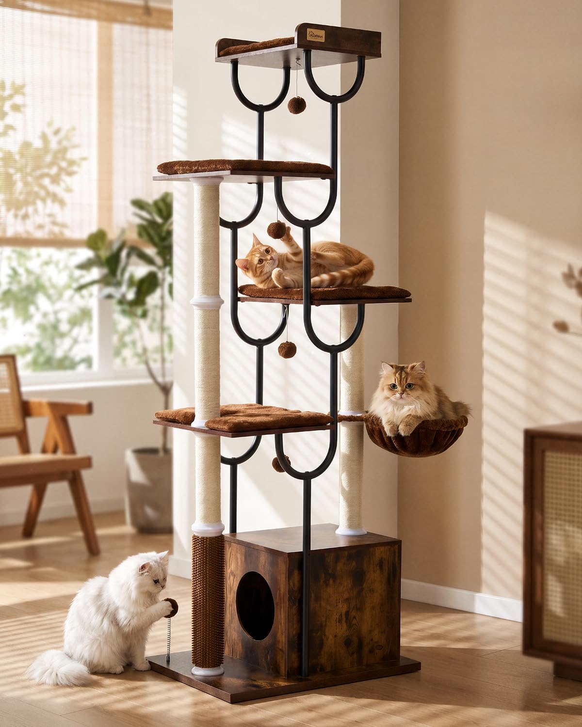 FourFurPets Arbre à Chat Bois 188 cm, Arbre à Chat avec Griffoir et 5 Poteaux Griffoir Chat, Tour Moderne avec Condo, Panier et Peigne de Massage pour Grands Chats, Stable et Design (Marron Rustique)