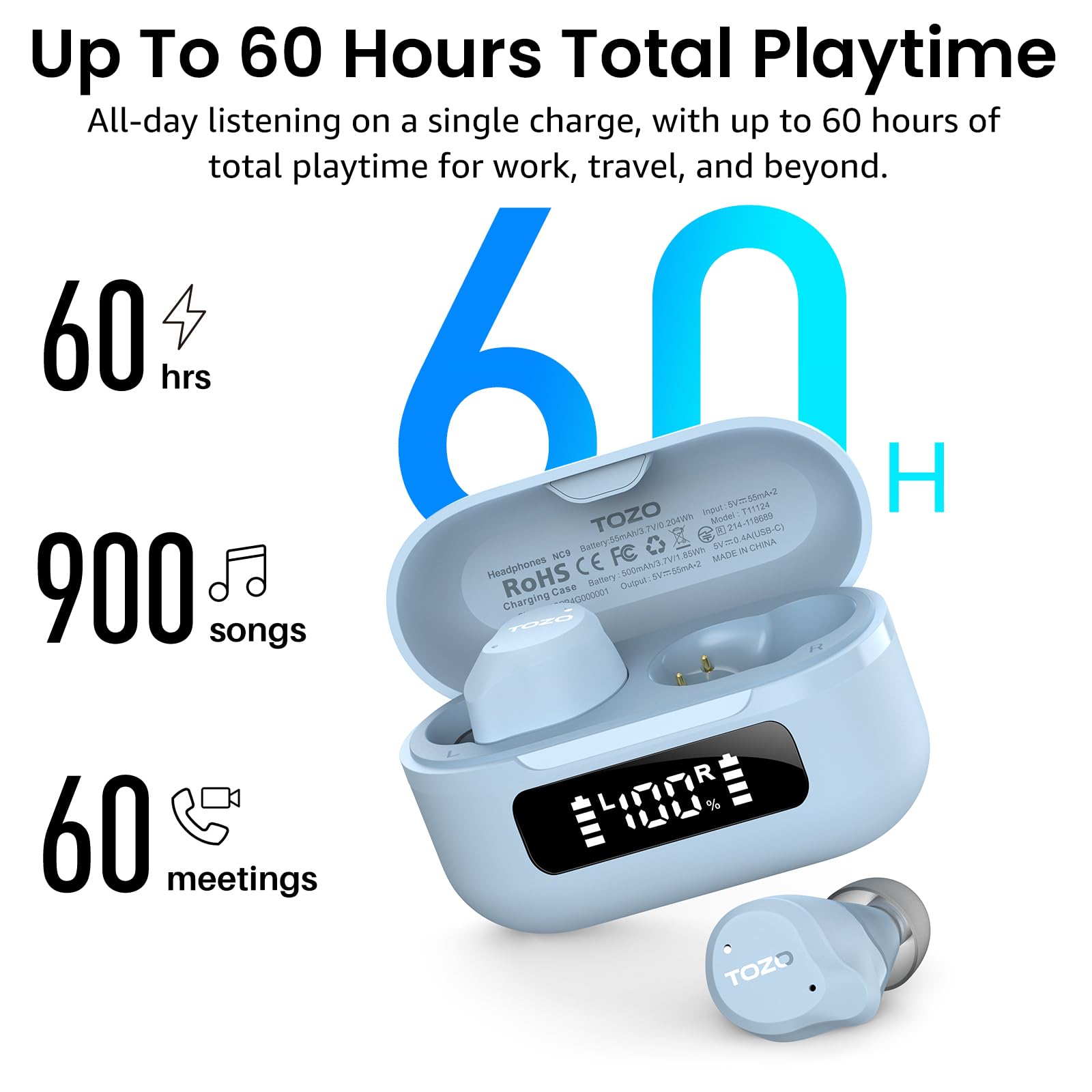 TOZO NC9 Hybrid Active Noise Cancelling Wireless Earbuds, 60H, LED Display view 4