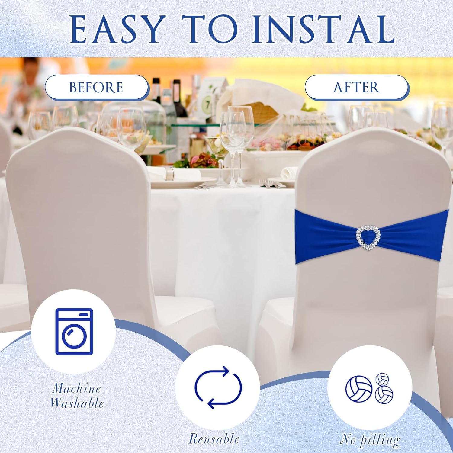 150 Pcs Spandex Chair Sashes Bows Stretch Chair Cover Band with Heart Shaped Buckle Universal Elastic Ties for Wedding Banquet Event Party Decoration(Royal Blue)