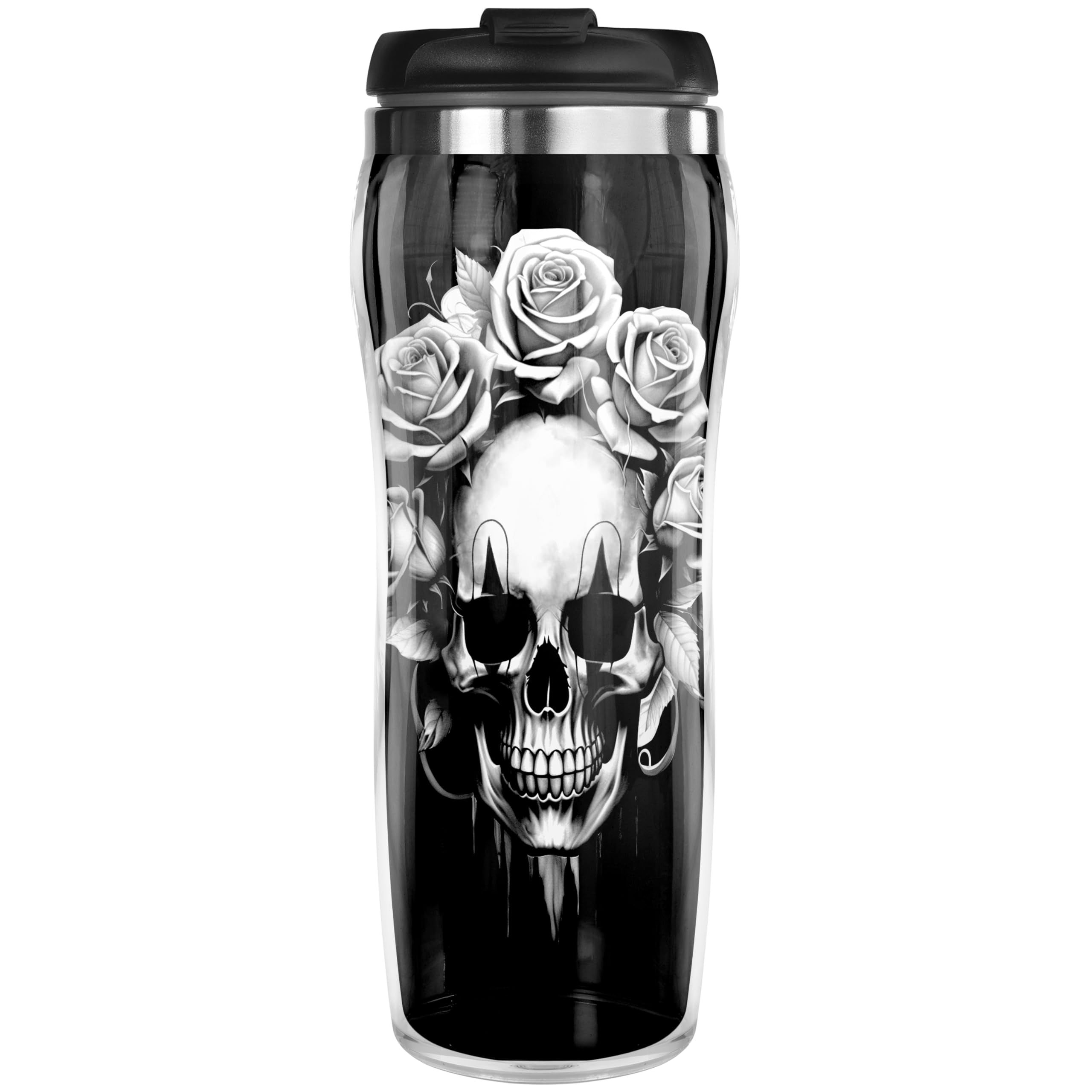 Pixly® Skull & Roses Thermal Travel Mug Coffee Tea Flask, 400ml/14oz Capacity, Funny Joke Fun Gift for Him Her