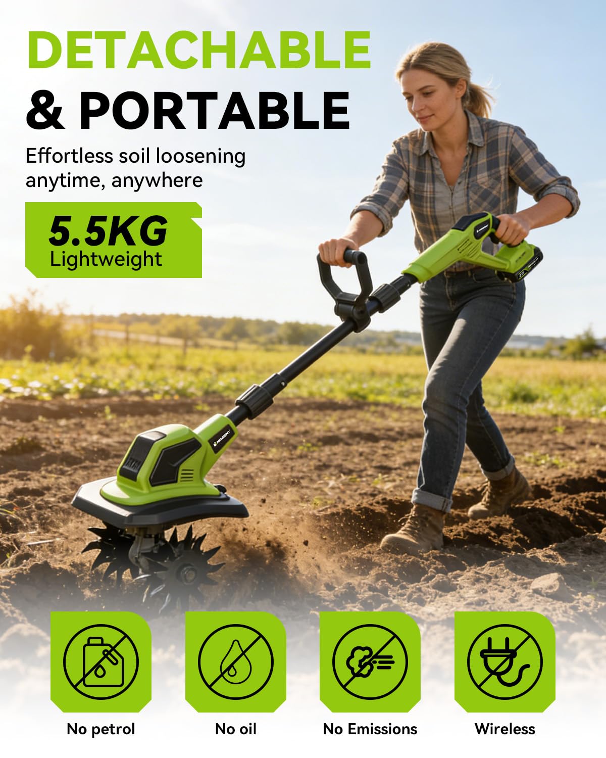 Timón inalámbrico con 2 baterías de 2.0 Ah, rotavator de jardín con 4 juegos de cuchillas de acero, 23 cm de ancho y 17 cm de profundidad, cultivadores para deshierbar, cultivo de suelo y