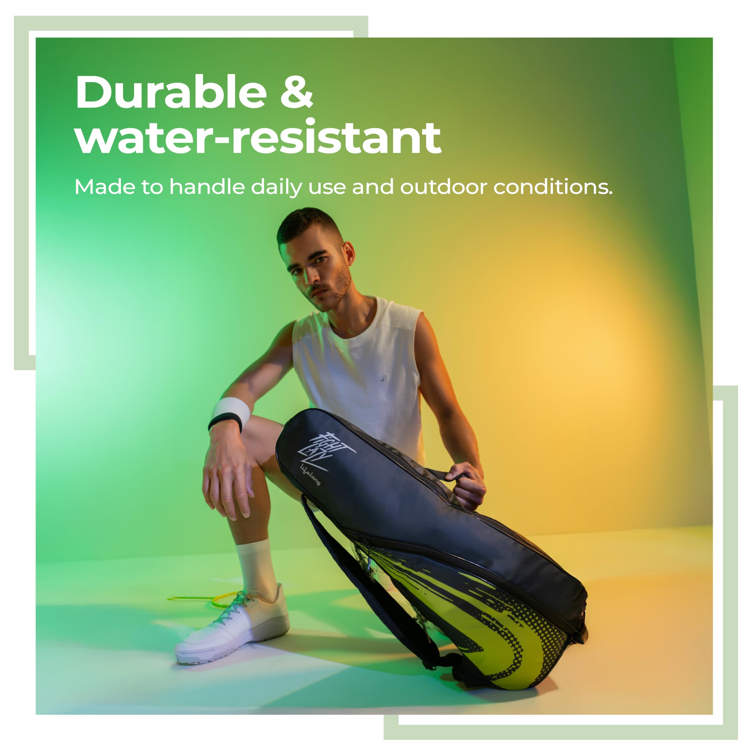 Lifelong Polyester Badminton Kit Bag for Men & Women | Dual Compartment, Personal Care Pouch | Water-Resistant, Soft Pads, Adjustable Strap | for Badminton, Gym & Outdoor Use (Black & Green) 2