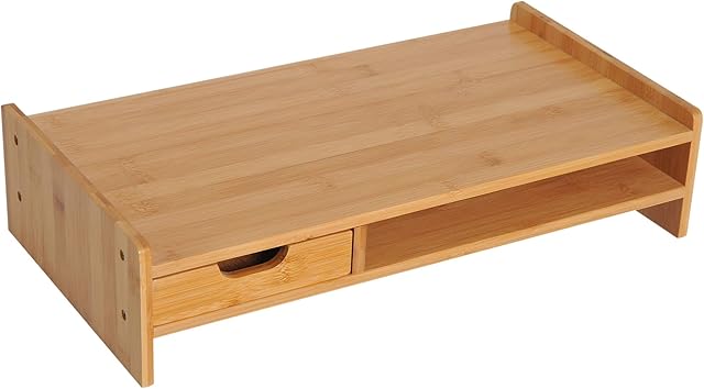 HOMCOM Monitor Riser Laptop PC Plinth Stand TV Computer Desktop Organiser W/Drawer Bamboo