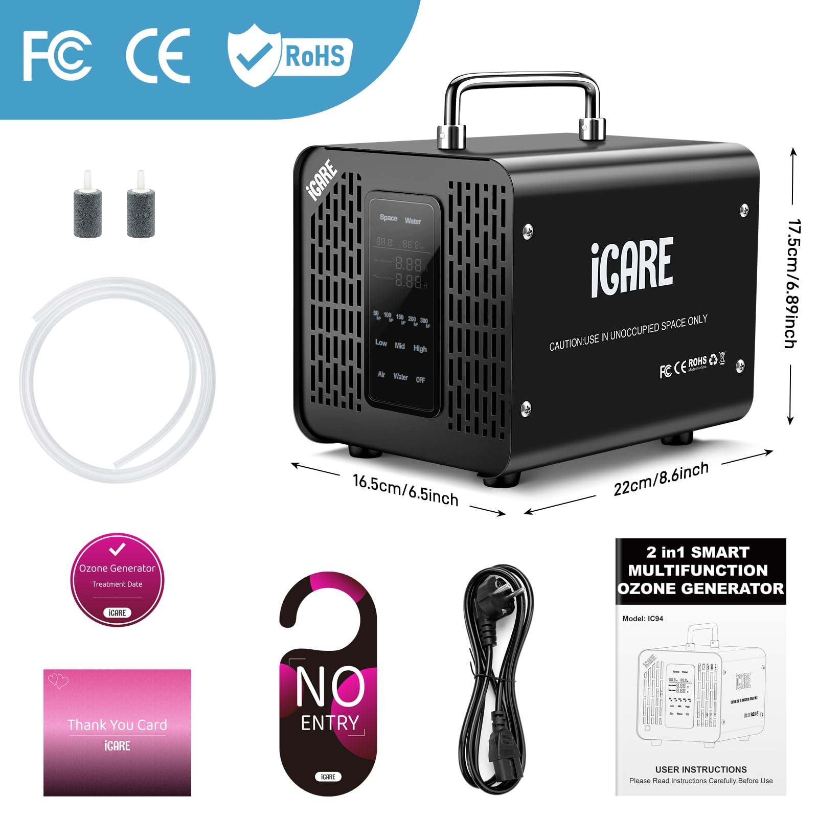 Générateur d'Ozone Intelligent, Générateur d'Ozone Numérique pour Eau et Air, 60000mg/h Purificateur d'Air à l'Ozone Éliminateur D'Odeurs avec Minuteur pour Salle de Bain, Cuisine, Animaux Domestiques
