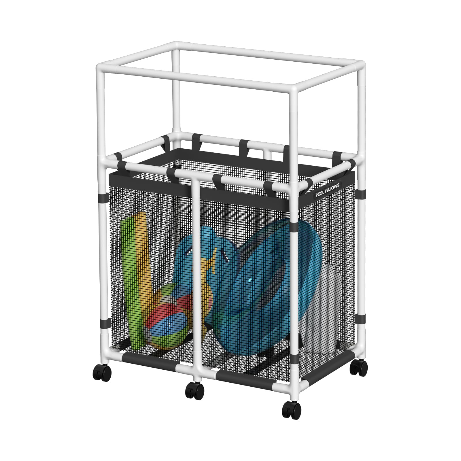 Bac de rangement de piscine, 397 litres, support pour frites de piscine, jouets, flotteurs, serviettes, organiseur en maille pour équipements de natation, style Basic Pro