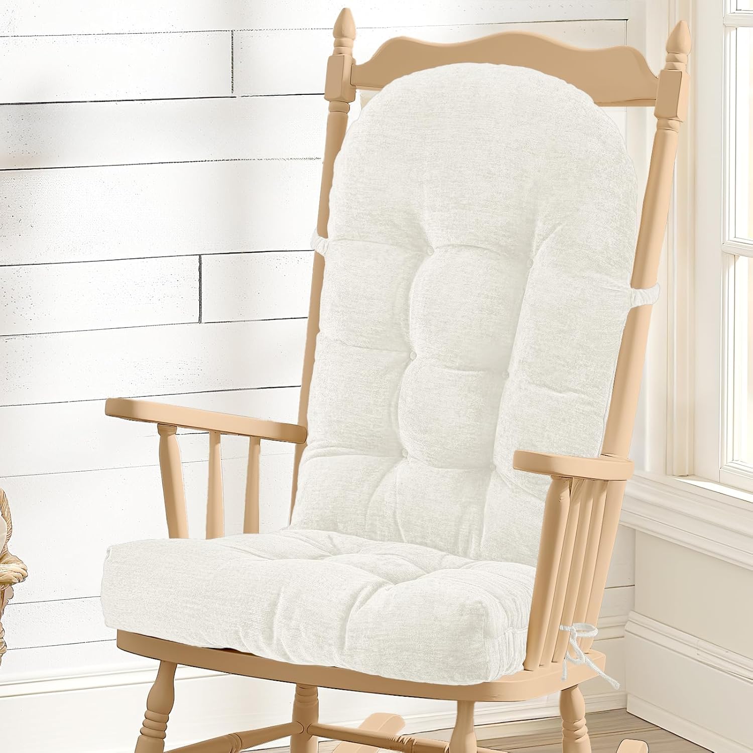 Rocking Chair Cushion - Chenille Fabric, High-Density Sponge, Durable Comfort Non-Slip Bottom Tufted Seat Pads with Ties, Chenille?White, 44x19x4 inch Chenille?white 44x19x4 Inch