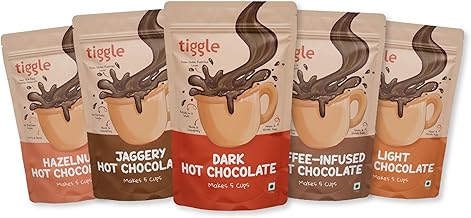 Tiggle Premium Assorted Hot Chocolate Bundle | As seen on Shark Tank India | Includes Sachets of all 5 Hot Chocolate Variants | Each of 100 Grams | Each of 5 Cups | 25 Cups | 500 Grams