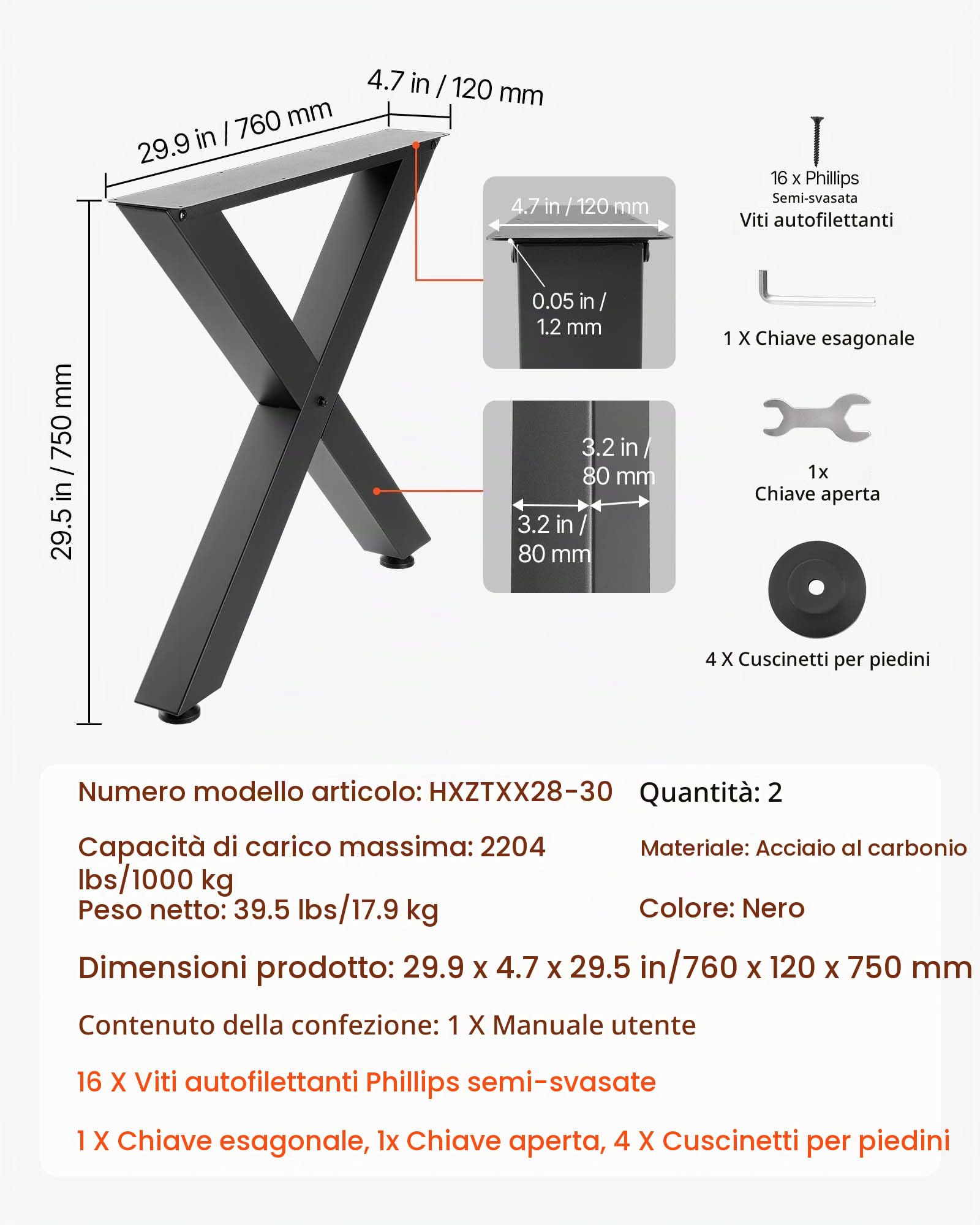 VEVOR Gambe per Tavolo in Acciaio, Gambe per Scrivania Smontabili, Design Modulare, Struttura a X Stabile, Facile da Montare, Carico Max. 1000 kg, 2 Pezzi, 75 x 76 cm, per Tavoli da Bar e da Lavoro