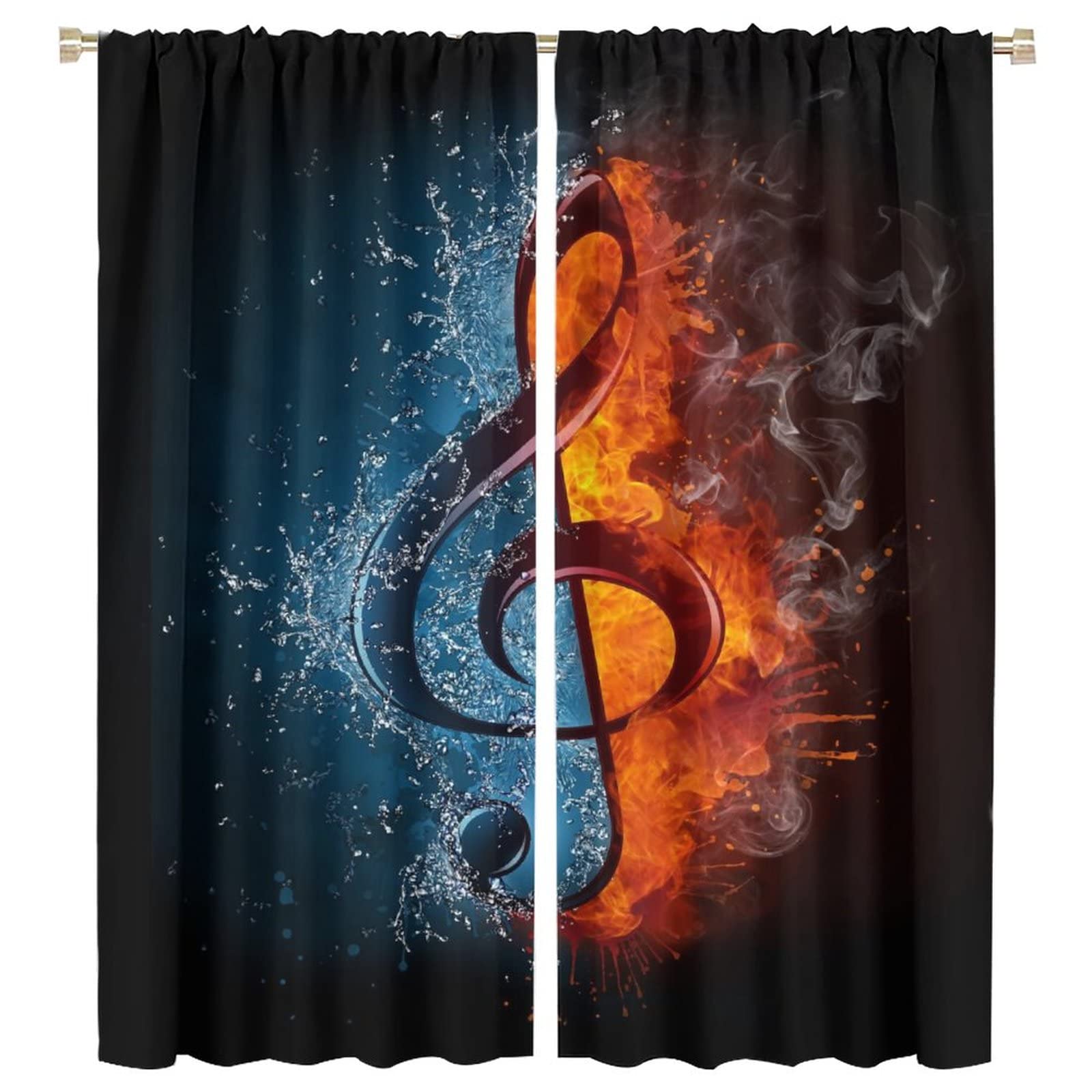 Music Curtains,Musical Notes Water Fire Theme Room Darkening Thermal Insulated Rod Pocket Window Curtain 2 Panels for Living Room Bedroom Decor W55xL63in