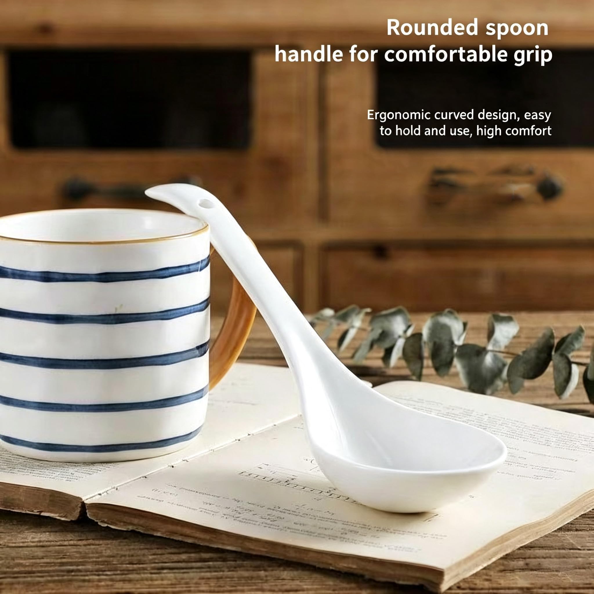 Cuchara Sopa Porcelana Hueso 10,24" con Mango Largo y Gancho Oval Profundo (3pcs)